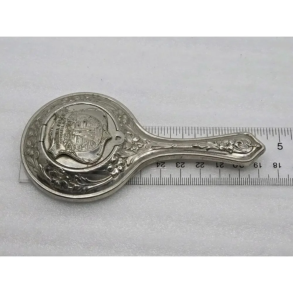 Vtg Bushkill Falls Handheld Mirror Silver Tone w/Small Hidden Back Compartment